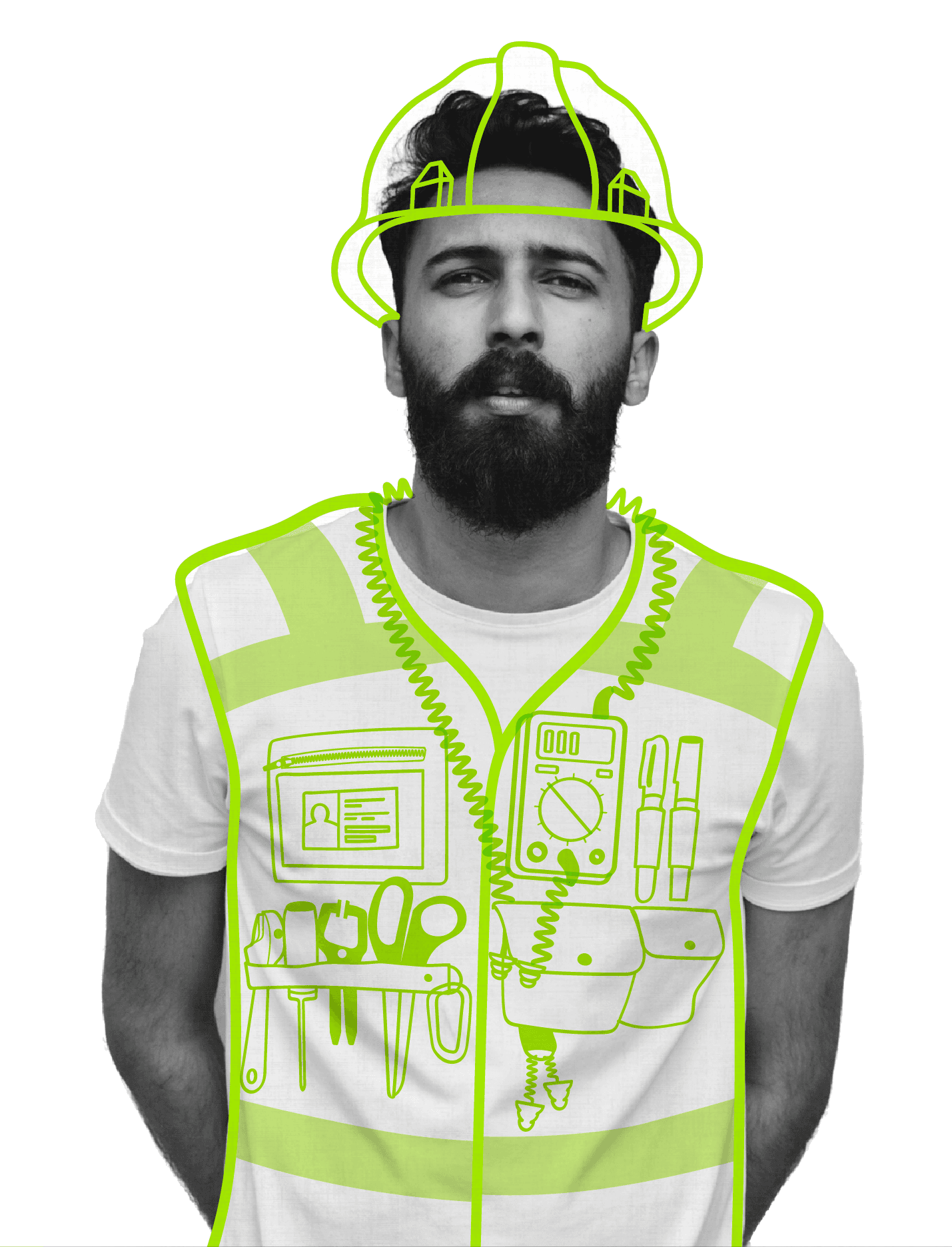 Illustration einer Elektrofachkraft mit Helm, Sicherheitsweste und Werkzeuggürtel